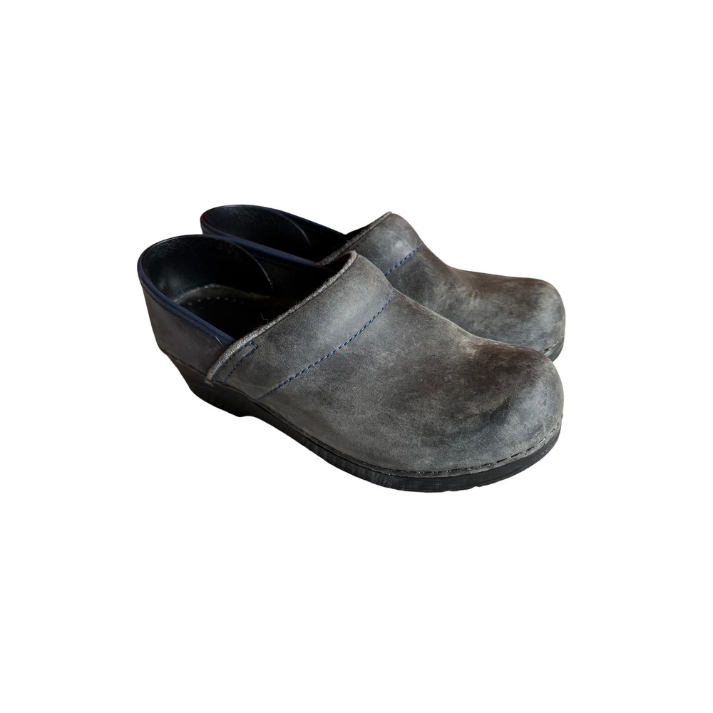 Dansko Professional Grey Oiled Leather Clogs Mules Size 37 Blue Stitch